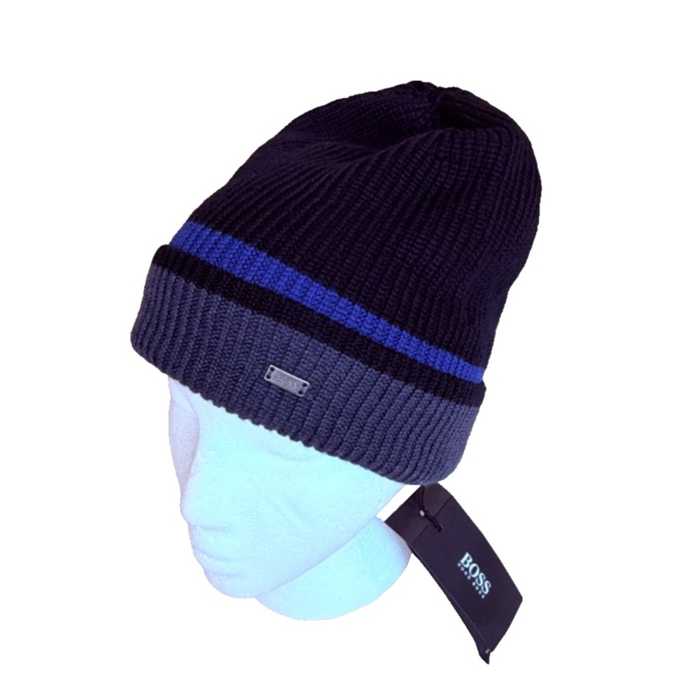 BOSS Hugo Boss Extrafine Merino Wool Beanie Hat Colorblock Blue One Size; NWT